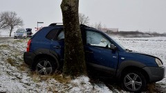 Gmina Nowy Staw. Auto wpadło w poślizg i uderzyło w drzewo - kobieta trafiła do szpitala. 