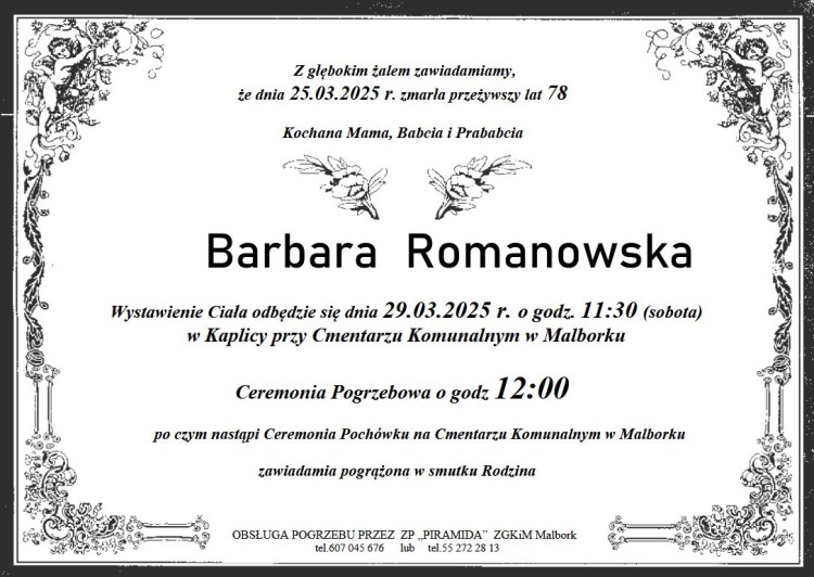 Zmarła Barbara Romanowska. Żyła 78 lat.