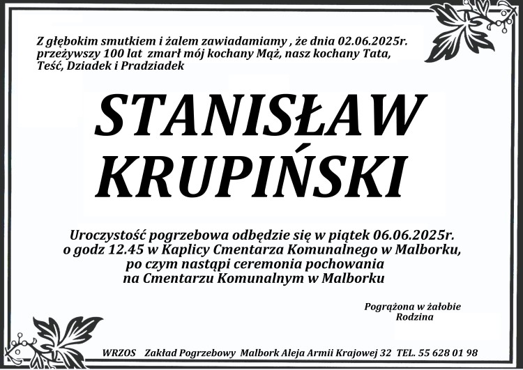 Zmarł Stanisław Krupiński. Miał 100 lat.