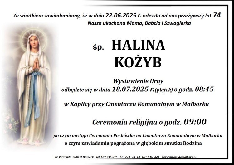 Zmarła Halina Kożyb. Miała 74 lata.