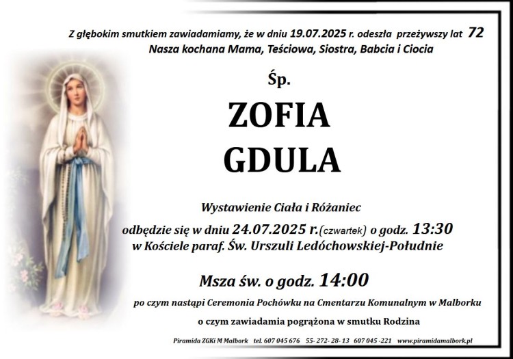 Zmarła Zofia Gdula. Miała 72 lata. 