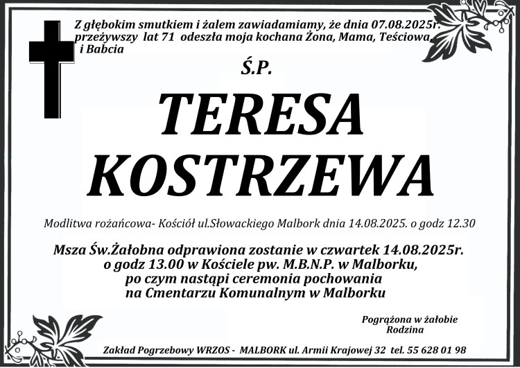 Zmarła Teresa Kostrzewa. Żyła 71 lat.