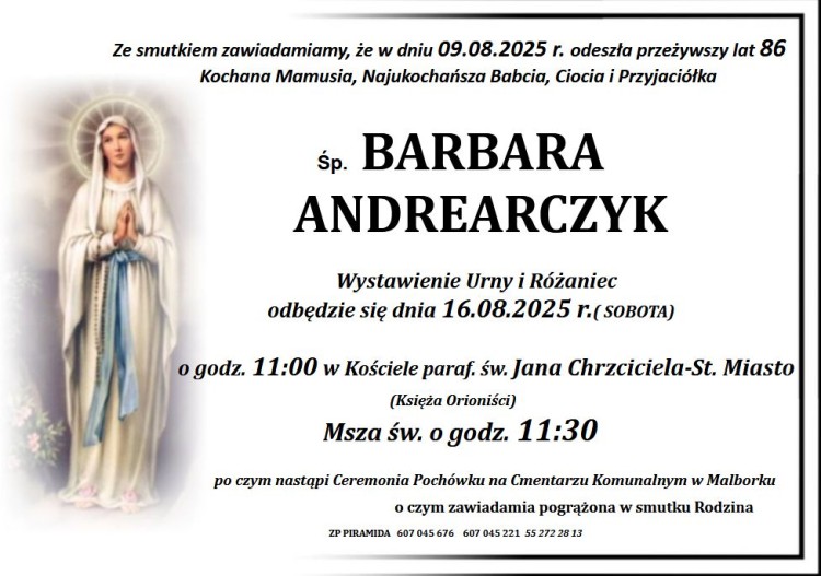Zmarła Barbara Andrearczyk. Miała 86 lat.