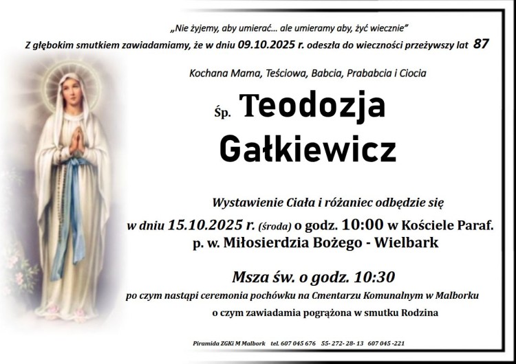 Zmarła Teodozja Gałkiewicz. Miała 87 lat.