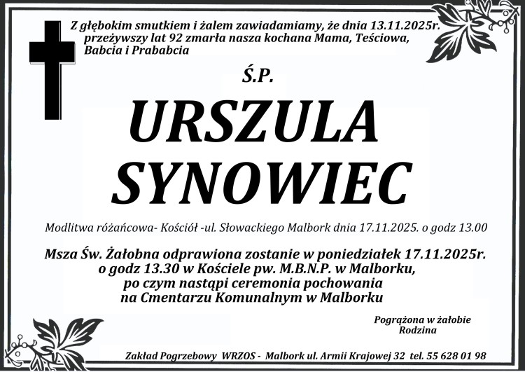 Zmarła Urszula Synowiec. Żyła 92 lata.