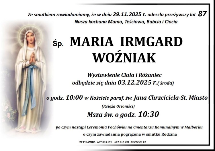 Zmarła Maria Irmgard Woźniak. Miała 87 lat.