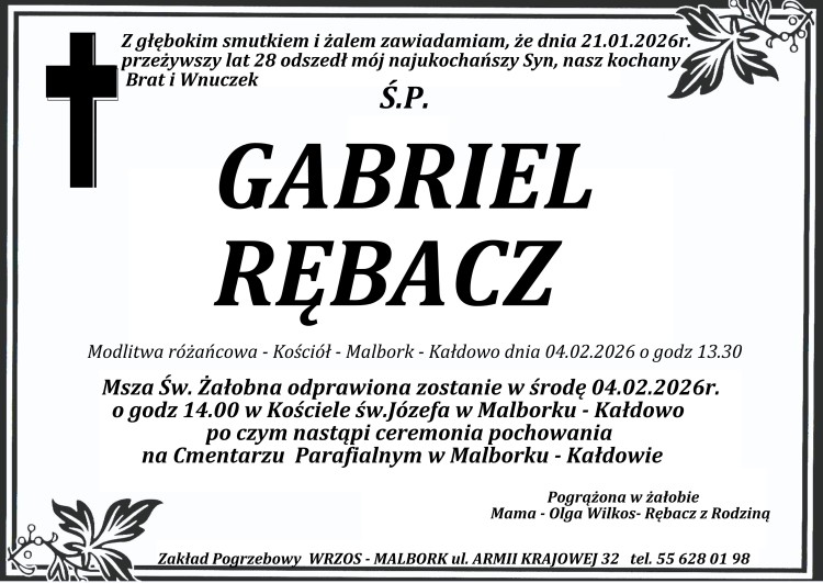 Zmarł Gabriel Rębacz. Miał 28 lat.