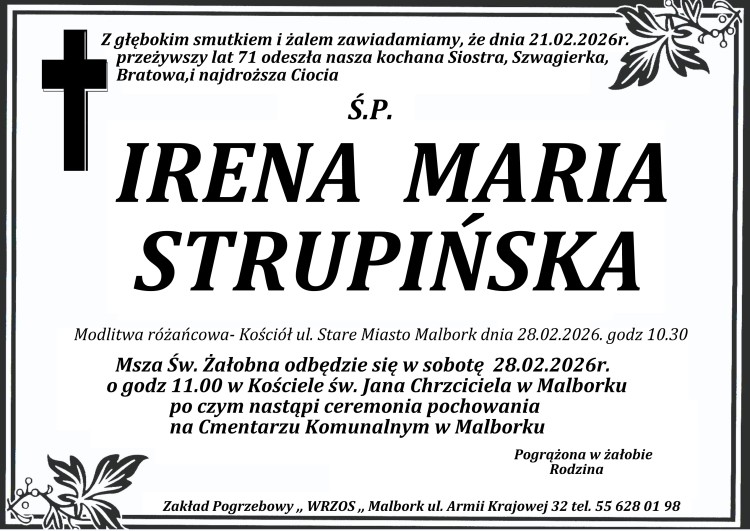 Zmarła Irena Maria Strupińska. Miała 71 lat.
