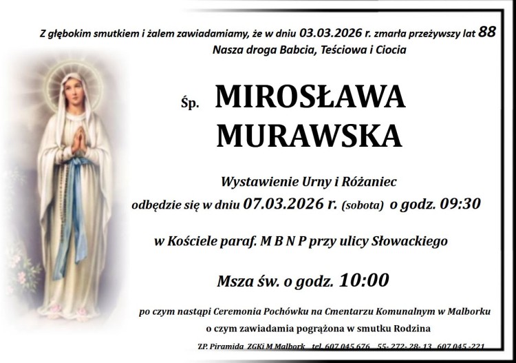 Zmarła Mirosława Murawska. Miała 88 lat.