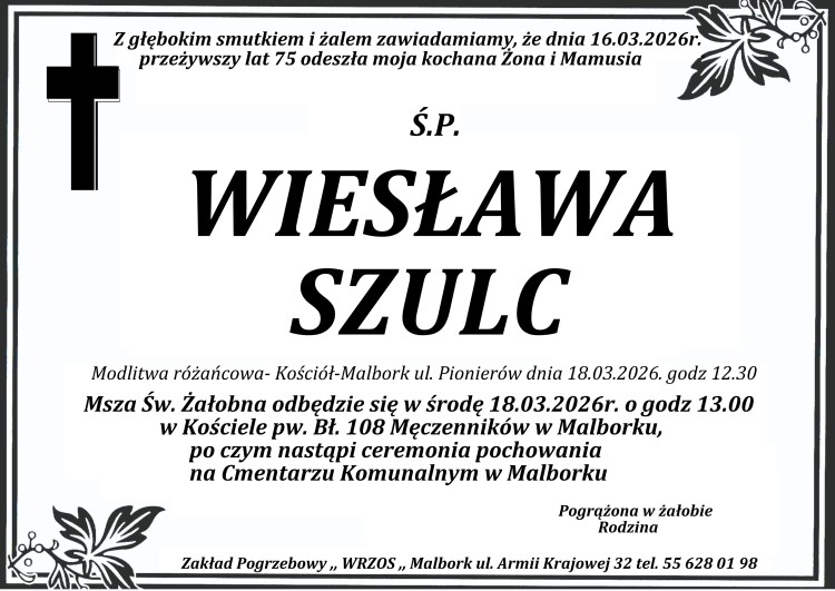 Zmarła Wiesława Szulc. Miała 75 lat.
