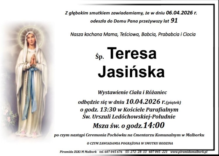 Zmarła Teresa Jasińska. Żyła 91 lat.