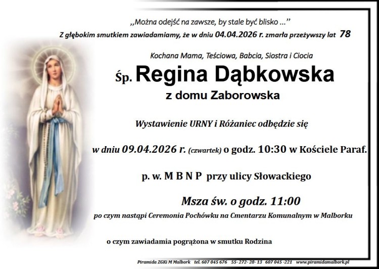Zmarła Regina Dąbkowska. Miała 78 lat.