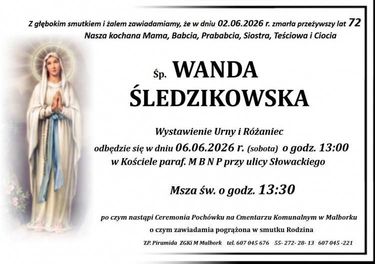 Zmarła Wanda Śledzikowska. Miała 72 lata.