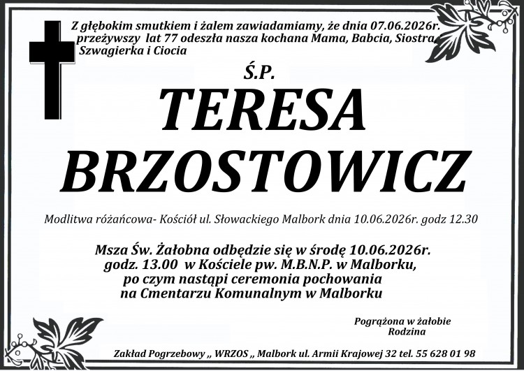 Zmarła Teresa Brzostowicz. Miała 77 lat.