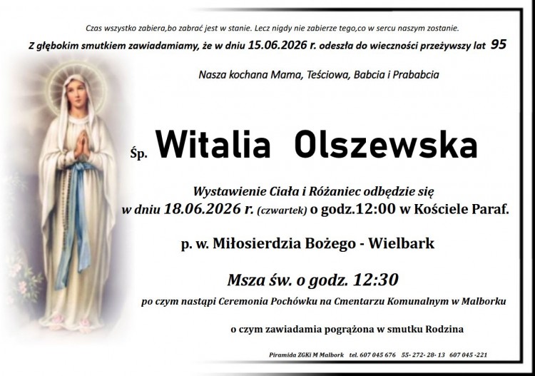 Zmarła Witalia Olszewska. Miała 95 lat.