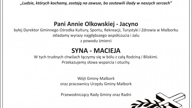Kondolencje Wójta Gminy Malbork, pracowników Urzędu Gminy oraz Przewodniczącego…